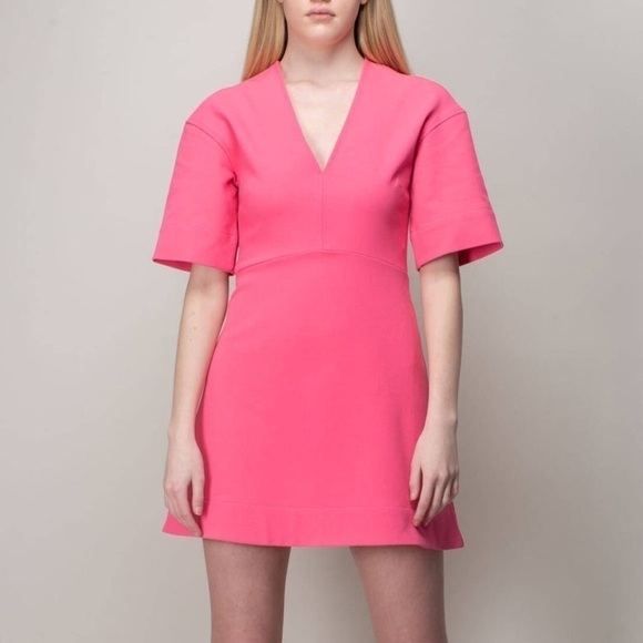 New Ganni Stretch Suiting V Neck Mini Dress Bright Bubblegum Pink Barbie Sz 36 - Picture 1 of 16